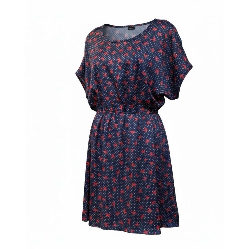 Maude Navy Blue Bird Print Dress Short Sleeve Elastic Waist Medium